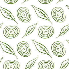 Seamless pattern with line art style onion ring and herb leaf on white background. Perfect for kitchen, textile, food packaging,, wallpaper and healthy cooking design.