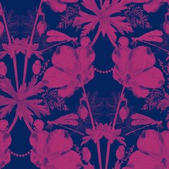 Wild flowers seamless pattern on dark background pink on blue fuchsia silhouette vintage contour cutout figure outline a shadow