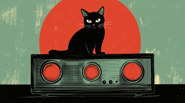 A black cat sits atop a vintage radio in front of a bold red circle, creating an eye-catching design, This image is ideal for themes of retro aesthetics, music, or feline charm in marketing materials