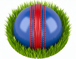 A vibrant blue cricket ball embraced by fresh green grass symbolizes sport vitality on a pure white