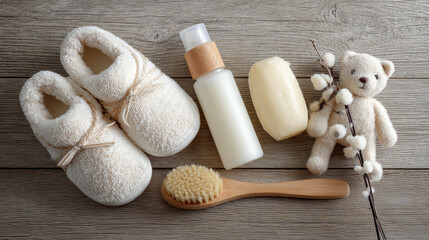 Neutral-toned image of baby hygiene supplies arranged on a wooden surface