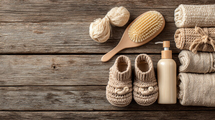 Neutral-toned image of baby hygiene supplies arranged on a wooden surface