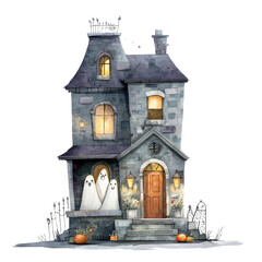 Spooky Haunted House with Friendly Ghosts Peeking Out from Windows in a Whimsical Halloween Scene