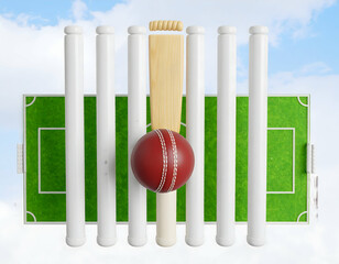 An Intense Match Red Cricket Ball Awaits the Batsman Before the Wickets on Bright Green Field under