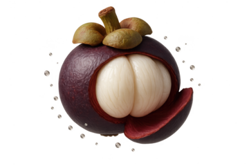 Fresh mangosteen, partially peeled, isolated on a transparent background.