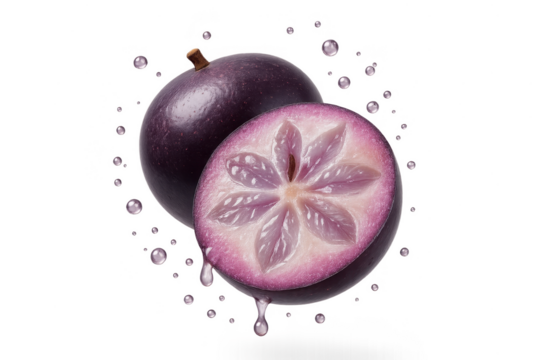 Fresh purple star apple and cut half with drops, isolated on transparent background.