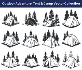 Obraz premium Black and White Camping Tents Collection, Nature Outdoors Adventure Illustration