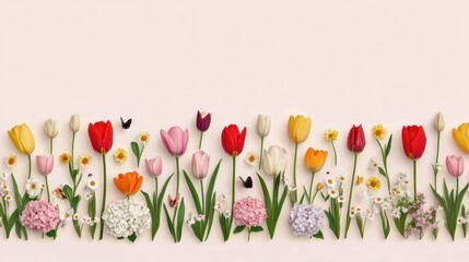 A vibrant arrangement of various flowers against a soft pink background, featuring tulips, daisies, and hydrangeas, perfect for spring promotions, gardening themes, or floral design inspiration,