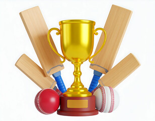 Celebrating Cricket Victory a Gleaming Golden Trophy amidst bats and balls a Symbol of Achievement