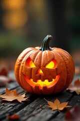 Intricate Spooky Jack-o-Lantern on Rustic Wood with Autumn Leaves - Perfect Halloween Decoration