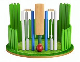 Nostalgic cricket dreamscape with bat ball and wickets evoke summer memories on a green white