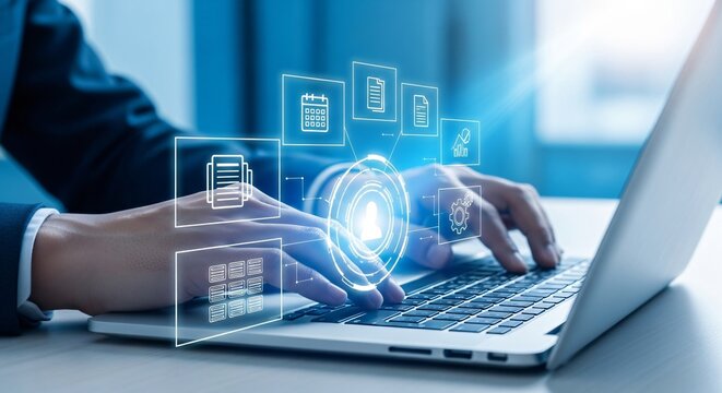 Person using laptop with digital interface showing business icons and data analytics