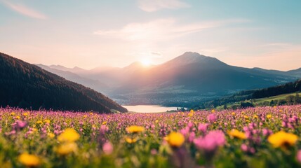 A picturesque landscape featuring vibrant wildflowers in the foreground with majestic mountains and a serene lake at sunset, Ideal for travel brochures, nature-themed projects, or relaxation visuals,