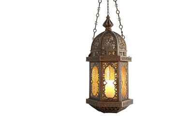 Ornate antique metal lantern with intricate patterns and glowing candle light isolated on transparent background
