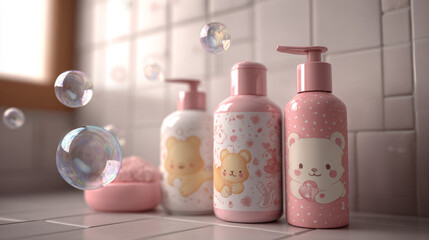Realistic 3D design of baby cosmetic containers with playful illustrations and soap bubbles in a tiled bathroom setting