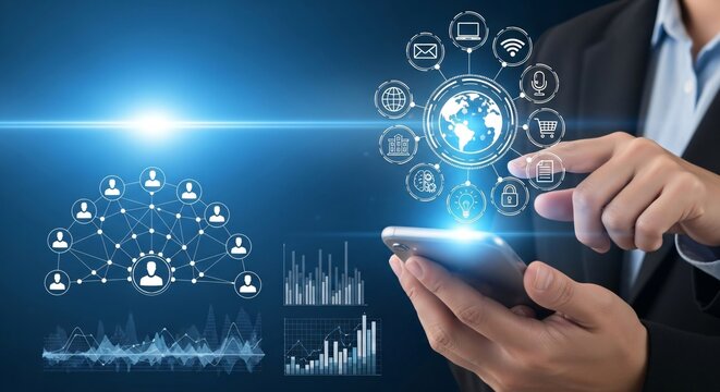 Businessman interacting with a digital network of global business and technology icons