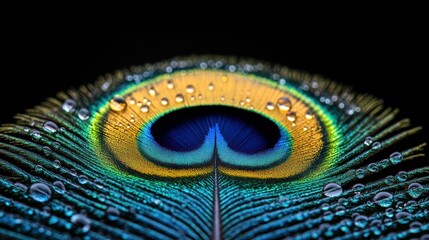 Close-up peacock feather, water droplets