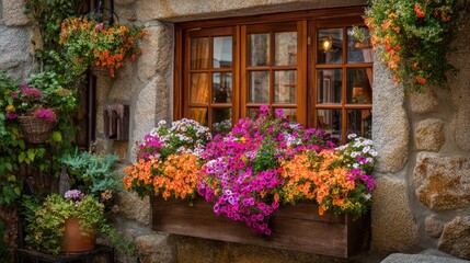 Naklejka premium A rustic stone building's window is adorned with a vibrant array of colorful flowers in window boxes and hanging baskets, creating a charming and picturesque scene