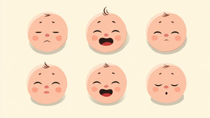 Set of icons capturing newborn facial expressions--joy, sadness, and sleep--for baby care visuals