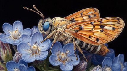 Orange moth with blue eyes feeding on blue flowers, dark background