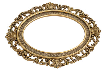 Ornate oval antique gold picture frame with intricate scrollwork isolated on transparent background