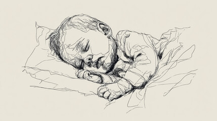 Single-line vector sketch of a newborn baby sleeping peacefully on a bed