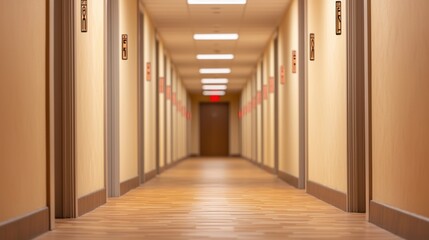 Hotel Hallway with Exit Signs at Regular Intervals and Standard Design for Comfortable Accommodation Settings