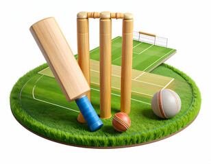 Excitement brews as cricket bat and balls stand ready for play on vibrant green field with soft