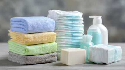 Stack of diapers and baby cosmetic items arranged as part of a childrenâ€™s hygiene setup