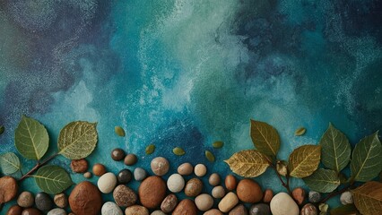 Natural arrangement of smooth sea pebbles and scattered leaves on a sandy surface with copy space, creating a serene, minimalist composition perfect for themes of relaxation, nature, and tranquility
