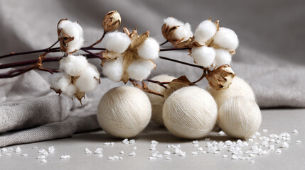 Top view composition of soft cotton baby balls paired with cotton flowers