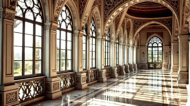 Hyper realistic dolly shot along the curved colonnades and Moorish arches, with focus shifts on ornate window tracery