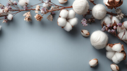 Top view composition of soft cotton baby balls paired with cotton flowers