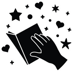Enchanting Tale Unveiled Silhouette of Hand Reading a Magical Book Amidst Sparkling Hearts Stars Circles and Crosses Conjuring a Whimsical Atmosphere