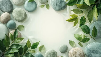 Natural arrangement of smooth sea pebbles and scattered leaves on a sandy surface with copy space, creating a serene, minimalist composition perfect for themes of relaxation, nature, and tranquility
