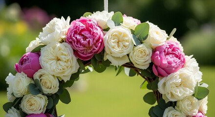 Delicate Floral Arch, Pink and White Peonies and Roses, Outdoor Decor