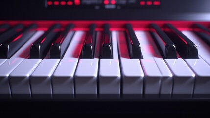 Close-up piano keys, red light