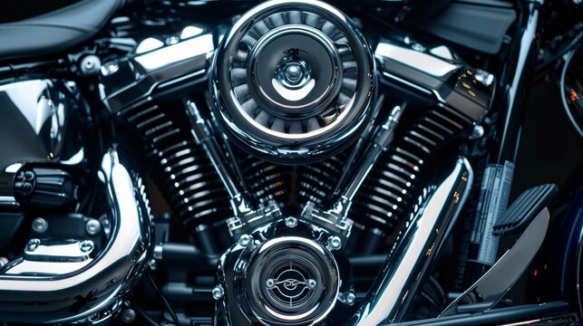Macro shot of a motorcycle engine with chrome parts. Useful for articles about mechanics, travel and technology. - Powered by Adobe