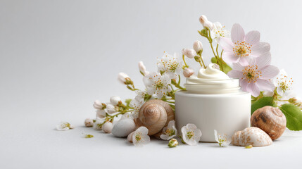 White background featuring cosmetic jar with cream, snails, and decorative flowers