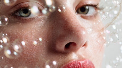 Womanâ€™s face partly covered in soap bubbles over a white backdrop