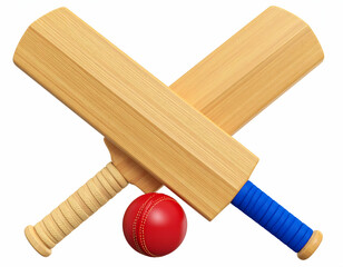 Two crossed cricket bats behind a red ball hinting at victory and fierce competition in daylight