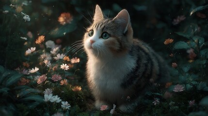 Cute cat in sunlit garden