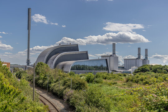 SUEZ recycling and energy recovery  futuristic building in Severn Beach on July 2 2025, Bristol, a facility for recovering energy from waste. Seabank Power Station is in the background on the right.