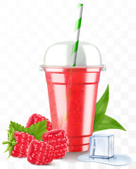 Clear plastic cup with raspberry juice or smoothie. Cup with sphere dome cap for milkshake, lemonade. Fruity organic shake with ice cube. Fruit cocktail. Realistic 3d vector template