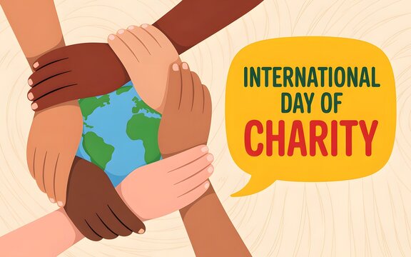 International day of charity illustration showing hands around the globe and the text message of charity on the speech bubble. - Powered by Adobe