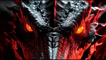 Dragon's fiery gaze: An awe-inspiring close-up portrait of a fierce dragon, its red eyes gleaming with intensity. A captivating creature with scales and a mysterious allure.