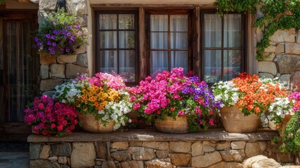 Naklejka premium Vibrant flower pots adorn a rustic stone windowsill, bathed in sunlight. The colorful blooms contrast beautifully with the aged stone and wood