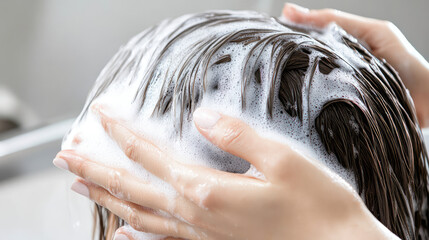 Naklejka premium Hair is being washed with shampoo, creating a lather of bubbles. Haircare routine