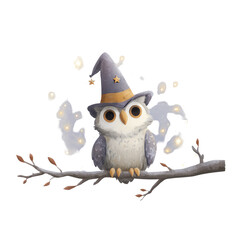 Obraz premium Cute Owl Wearing Wizard Hat Sitting on Branch with Magical Background Effects