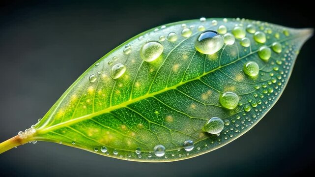 Leafy Serenity: A close-up shot captures the delicate beauty of a vibrant green leaf glistening with fresh, dew-kissed droplets.